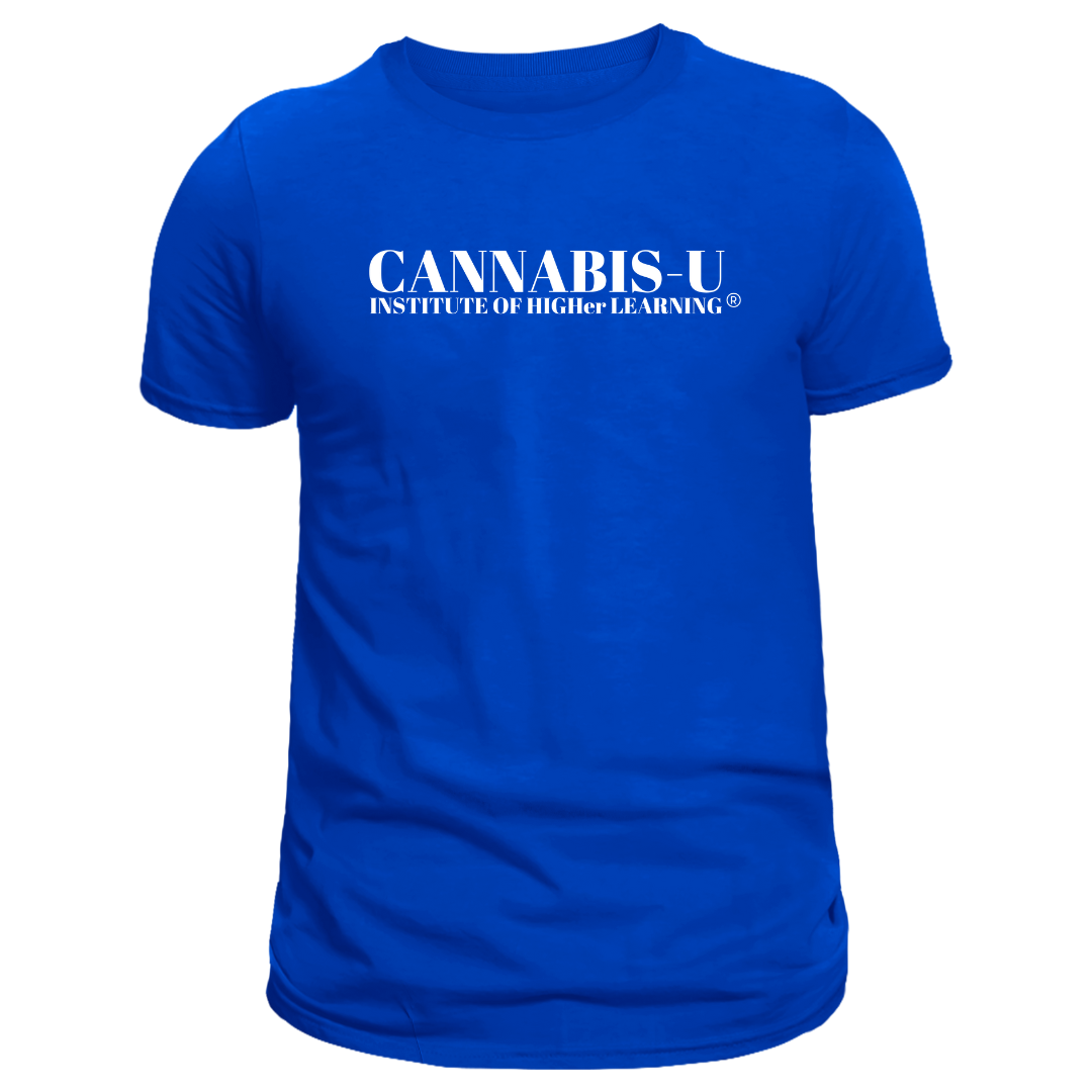 CANNABIS-U INSTITUTE OF HIGHer LEARNING® Classic Tee (Royal Blue w/White)
